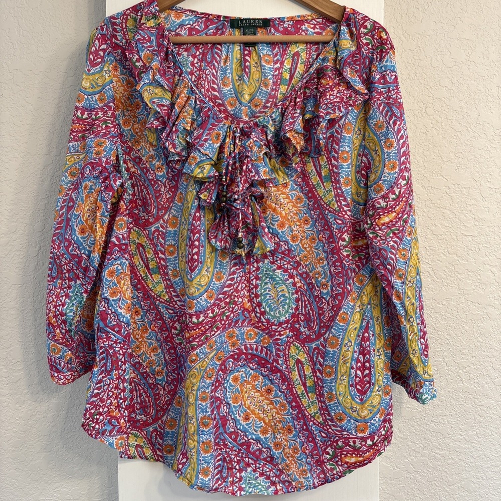 Ralph Lauren 100% Cotton Paisley Print Ruffled Top 3/4 Sleeve Women's XL EUC